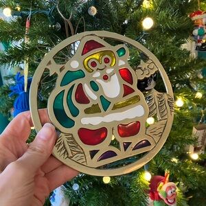 Vintage 1970s Enesco Solid Brass Windowed Multicolor Santa Kitchen Trivet 70's